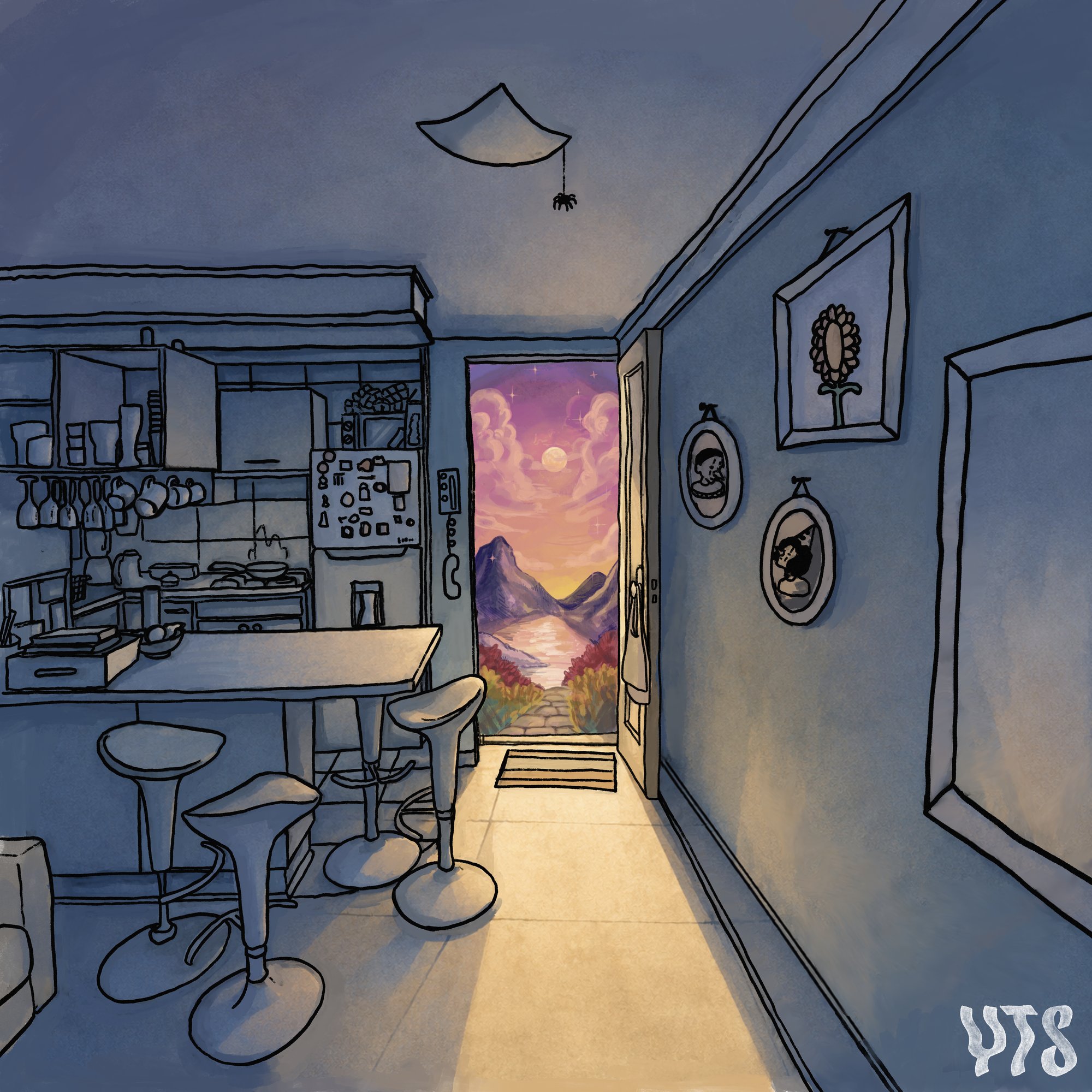 Portada del single MIANYU: una cocina en penumbra con la puerta abierta hacia un paisaje de montañas y un lago al atardecer